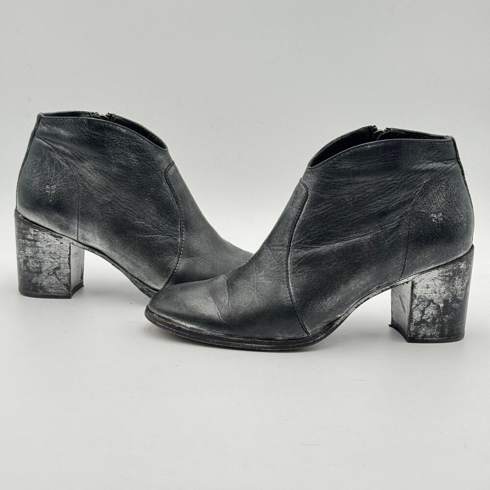 FRYE Womens 7.5 Metallic Black Leather Nora Ankle Boots Cowgirl Giddy Up Booties - Picture 2 of 10